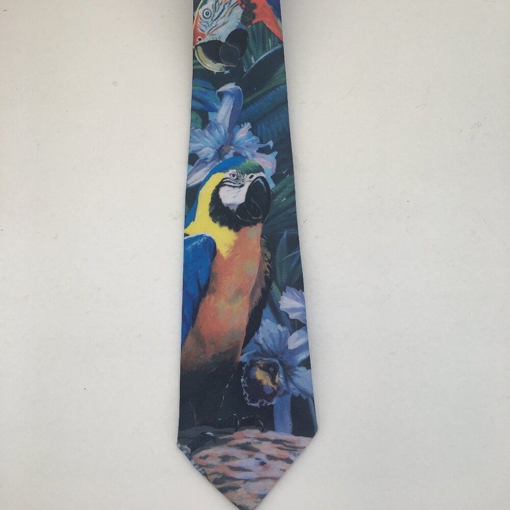 Vintage 90s Ralph Marlin Mens Tie Parrot Necktie Multicolor Tropical USA Made